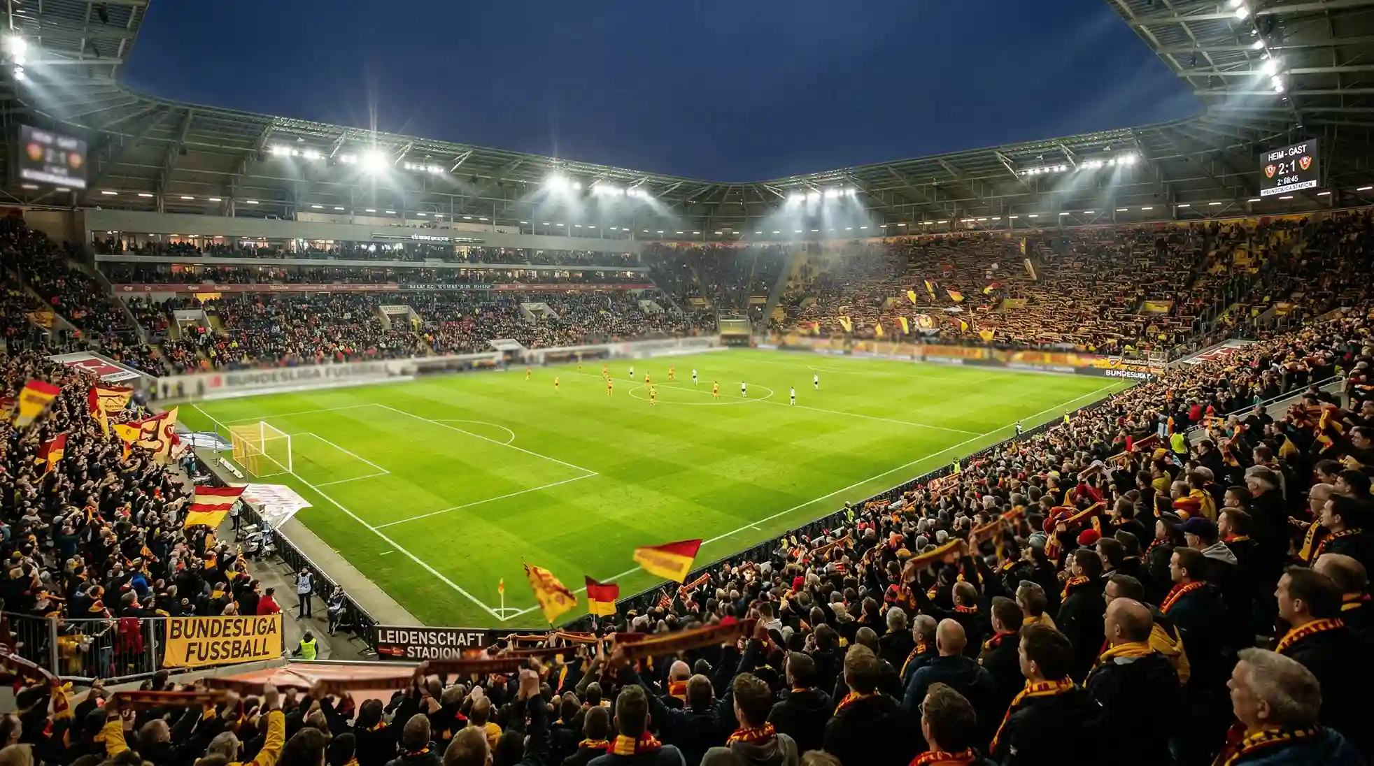 Volles Bundesliga-Stadion mit Fans und Rasenplatz bei Flutlicht