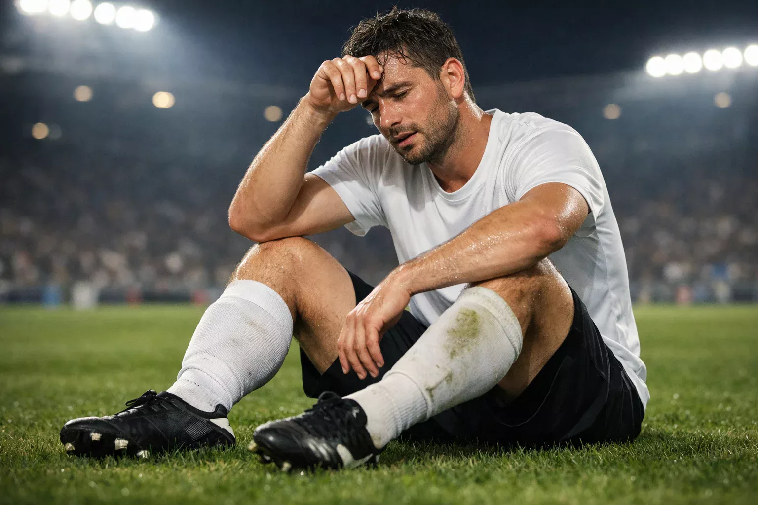 Erschöpfter Fußballspieler auf dem Rasen symbolisiert Doppelbelastung