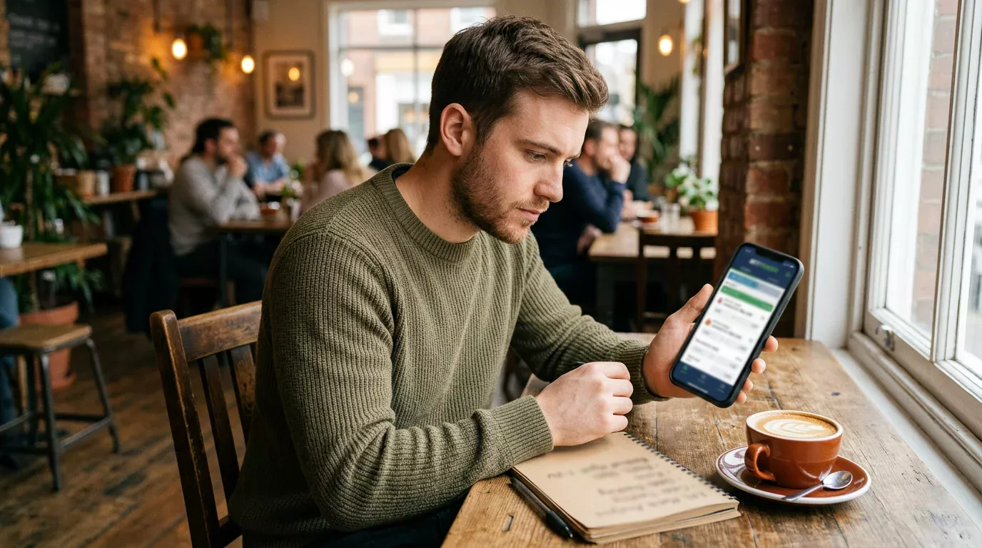 Einsteiger studiert seinen ersten Sportwetten-Wettschein auf dem Smartphone