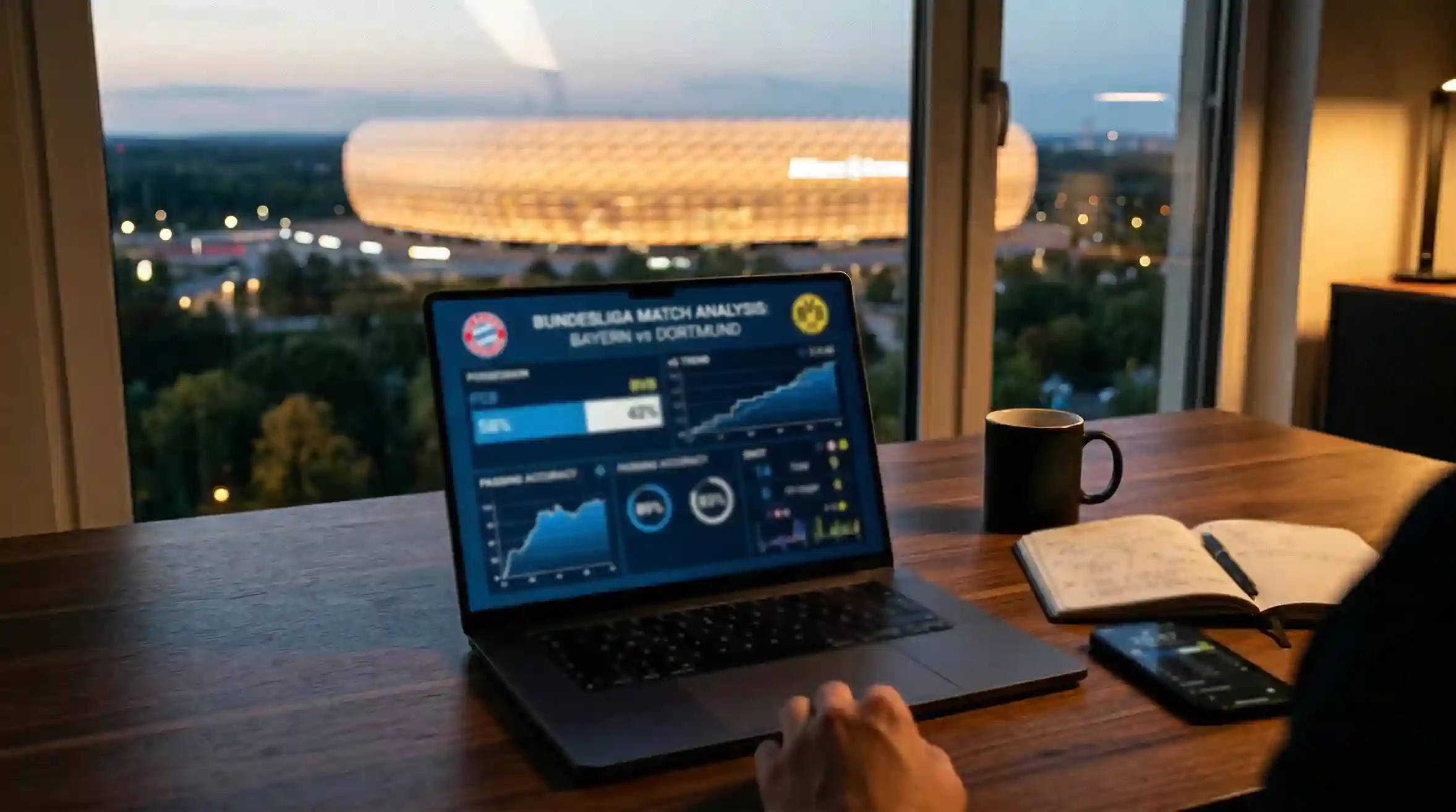 Fußball-Wetten Datenanalyse mit Statistiken auf Laptop vor Stadion-Hintergrund