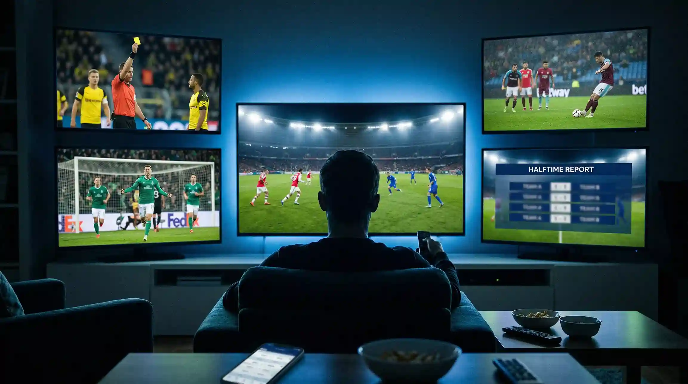 Mehrere Fußballspiele auf Bildschirmen symbolisieren Kombiwetten