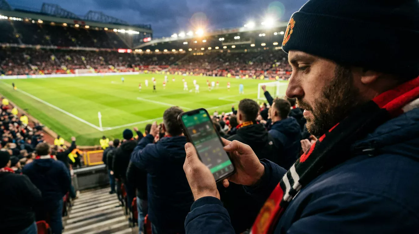 Fan verfolgt Fußballspiel im Stadion mit Smartphone für Live-Wetten