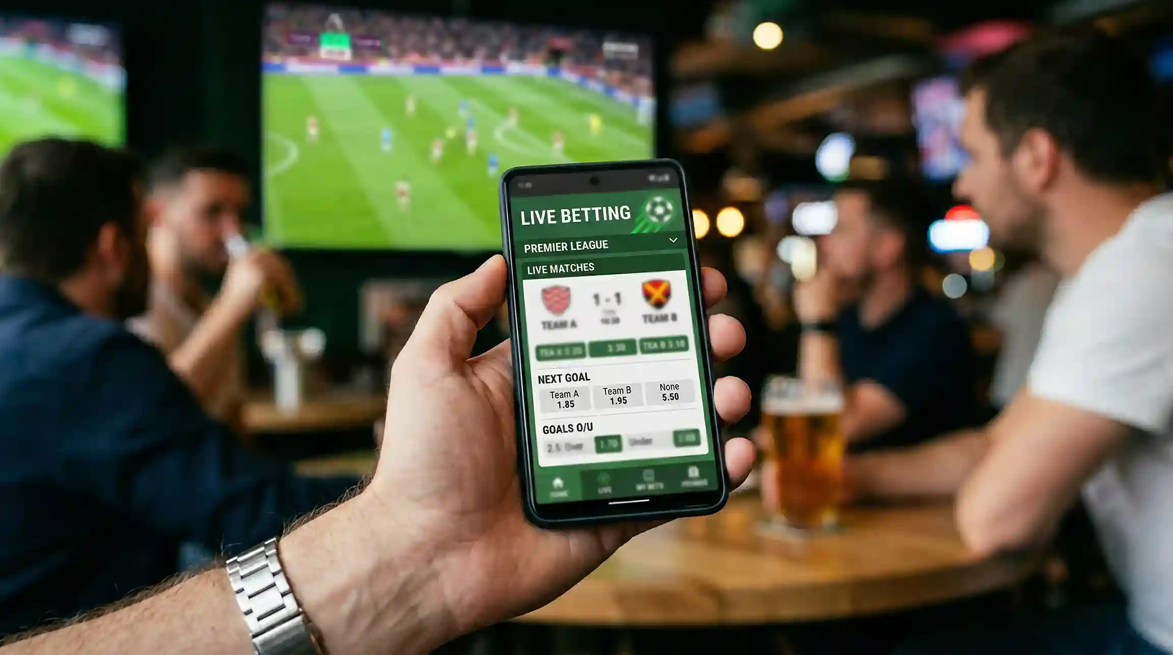 Smartphone mit Sportwetten-App in der Hand vor Fußballspiel-Hintergrund
