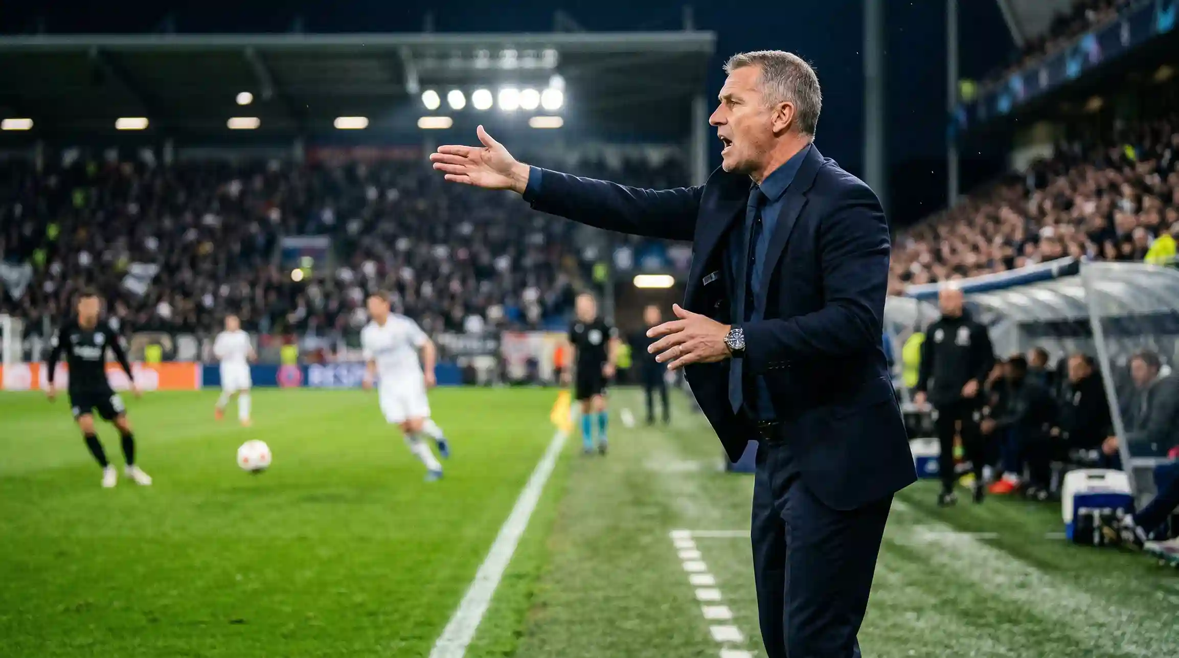 Fußballtrainer an der Seitenlinie gibt Anweisungen an das Team