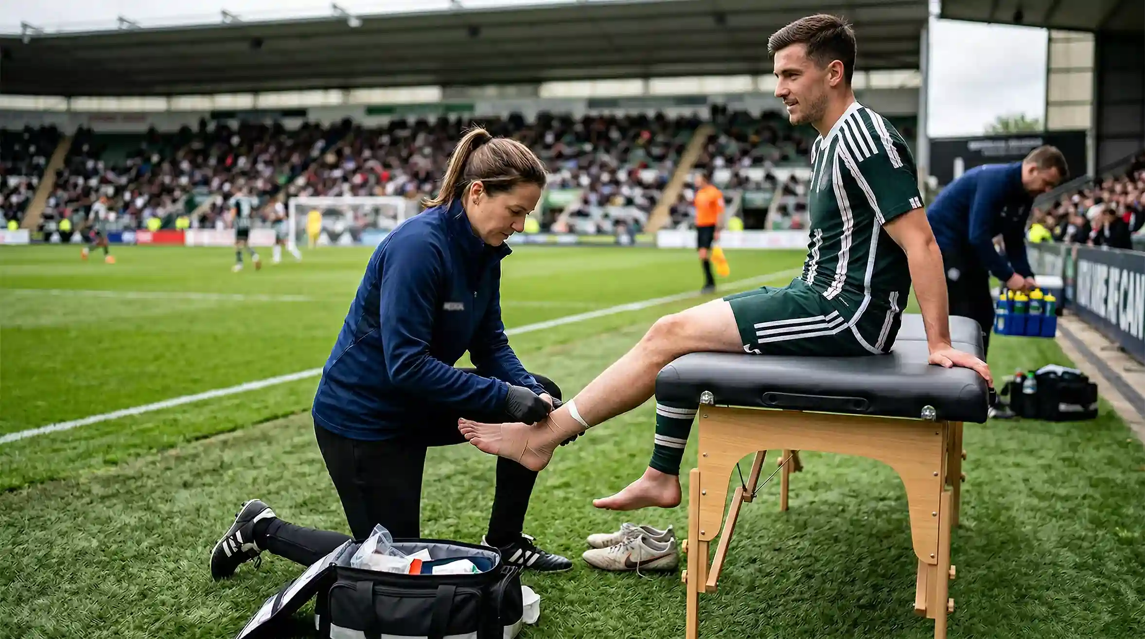 Fußballspieler wird vom Physio am Spielfeldrand behandelt
