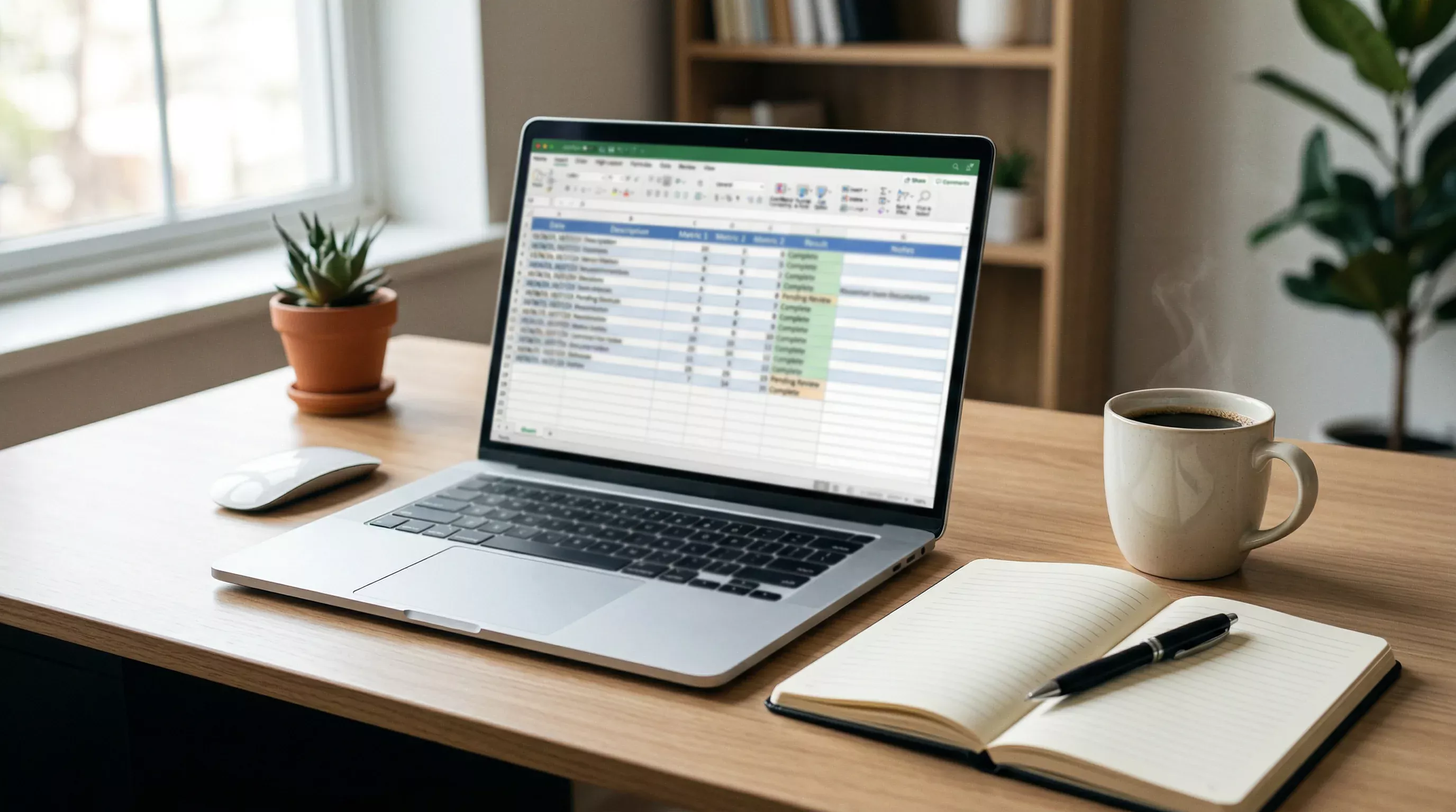 Laptop mit Tabelle zur Dokumentation von Sportwetten auf dem Schreibtisch