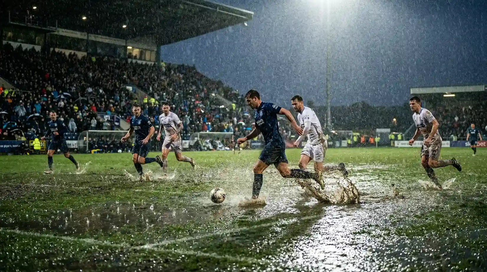 Fußballspiel im strömenden Regen mit nassen Spielern auf dem Rasen