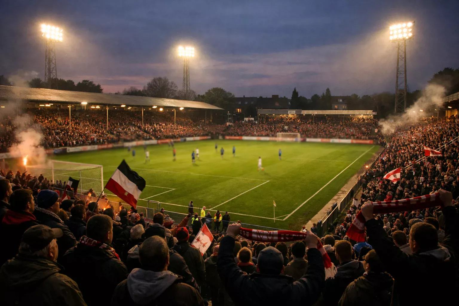 Traditionelles deutsches Zweitliga-Stadion mit Fans und Flutlicht